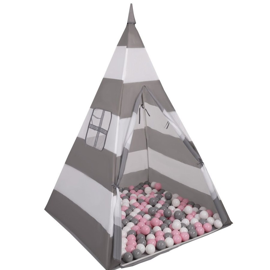 Partners KiddyMoon Partners | Teepee Tent For Kids Play House With Balls Indoor Outdoor Tipi, Grey-White Stripes: White/ Grey/ Light Pink