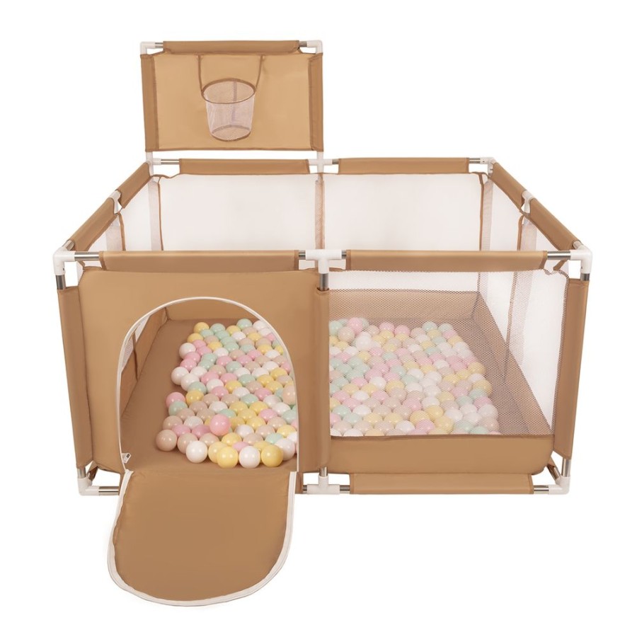 Partners KiddyMoon Partners | Square Play Pen Filled With Plastic Balls Basketball, Beige: Pastel Beige/ Pastel Yellow/ White/ Mint/ Light Pink