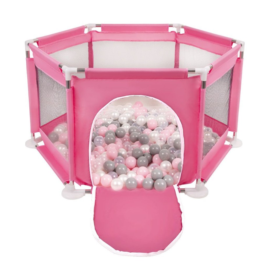 Partners KiddyMoon Partners | Hexagon 6 Side Play Pen With Plastic Balls, Pink: Pearl/ Grey/ Transparent/ Powder Pink Pink:Pearl/Grey/Transparent/Powder Pink