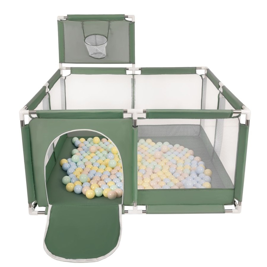 Partners KiddyMoon Partners | Square Play Pen Filled With Plastic Balls Basketball, Green: Pastel Beige/ Pastel Blue/ Pastel Yellow/ Mint