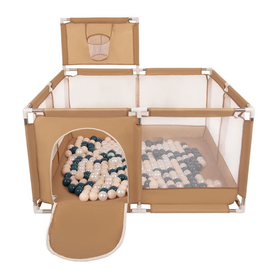 Partners KiddyMoon Partners | Square Play Pen Filled With Plastic Balls Basketball, Beige: Dark Turquoise/ Pastel Beige/ Pearl