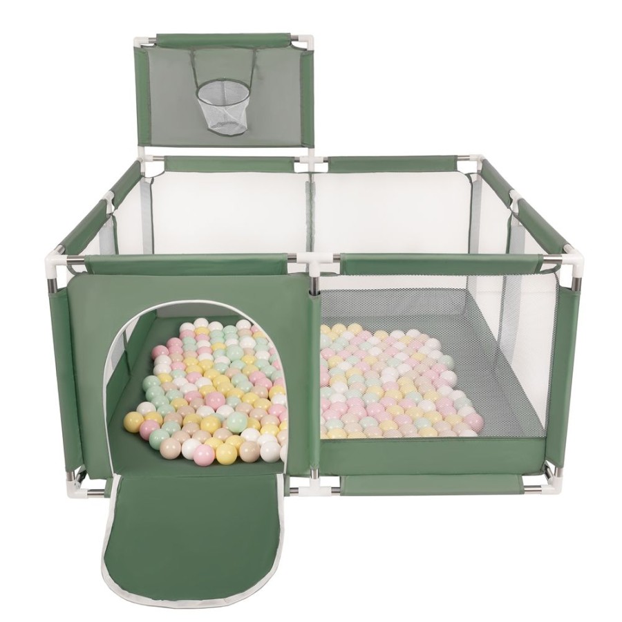 Partners KiddyMoon Partners | Square Play Pen Filled With Plastic Balls Basketball, Green: Pastel Beige/ Pastel Yellow/ White/ Mint/ Light Pink