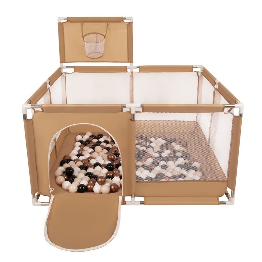 Partners KiddyMoon Partners | Square Play Pen Filled With Plastic Balls Basketball, Beige: Pastel Beige/ Copper/ White/ Black