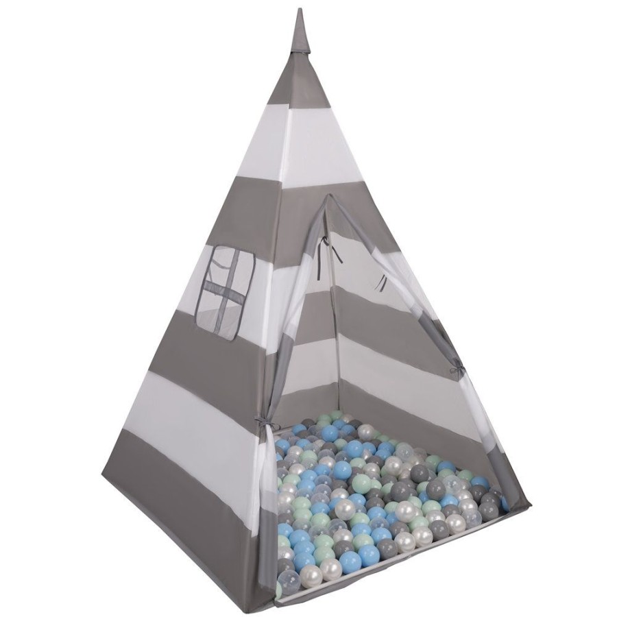 Partners KiddyMoon Partners | Teepee Tent For Kids Play House With Balls Indoor Outdoor Tipi, Grey-Whitestripes: Pearl/ Grey/ Transparet/ Bblue/ Mint