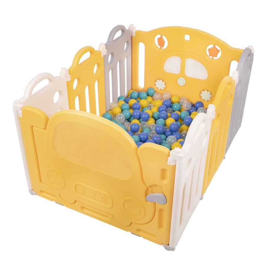 Partners KiddyMoon Partners | Playpen Box Foldable For Children With Plastic Colourful Balls, White-Yellow: Turquoise/ Blue/ Yellow/ Transparent White-Yellow:Turquoise/Blue/Yellow/Transparent