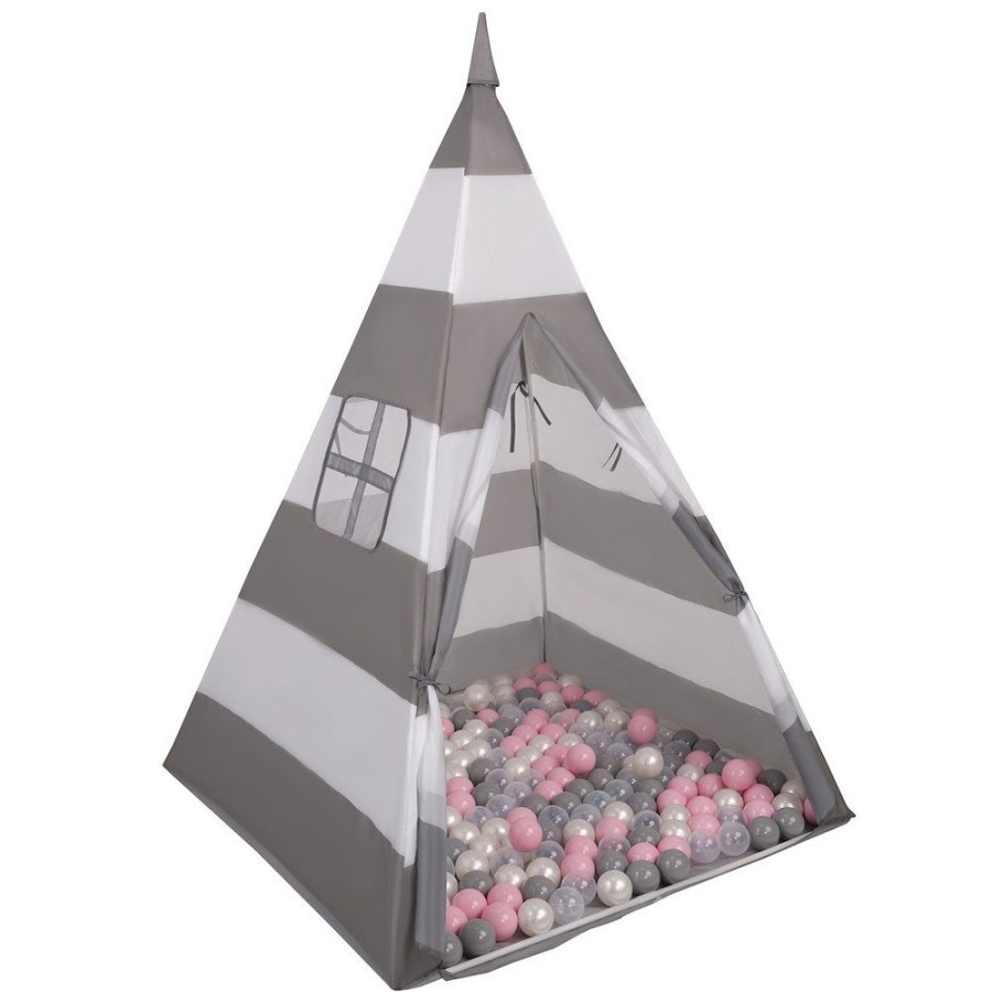 Partners KiddyMoon Partners | Teepee Tent For Kids Play House With Balls Indoor Outdoor Tipi, Grey-Whitestripes: Pearl/ Grey/ Transparent/ Lightpink