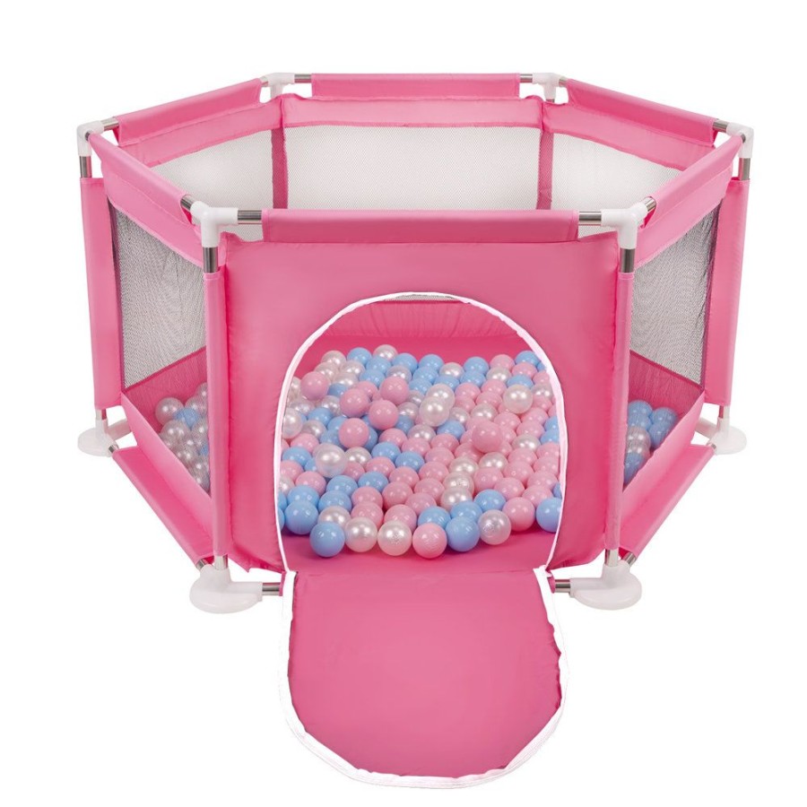 Partners KiddyMoon Partners | Hexagon 6 Side Play Pen With Plastic Balls, Pink: Babyblue/ Powder Pink/ Pearl Pink:Babyblue/Powder Pink/Pearl