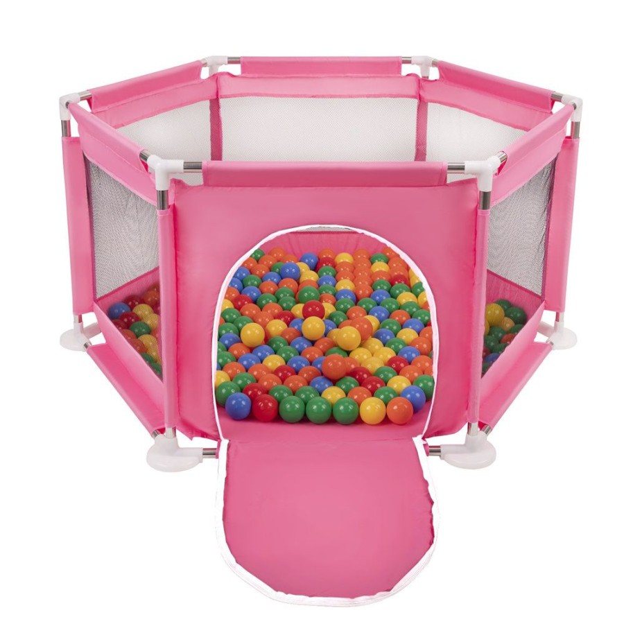 Partners KiddyMoon Partners | Hexagon 6 Side Play Pen With Plastic Balls, Pink: Yellow/ Green/ Blue/ Red/ Orange Pink:Yellow/Green/Blue/Red/Orange