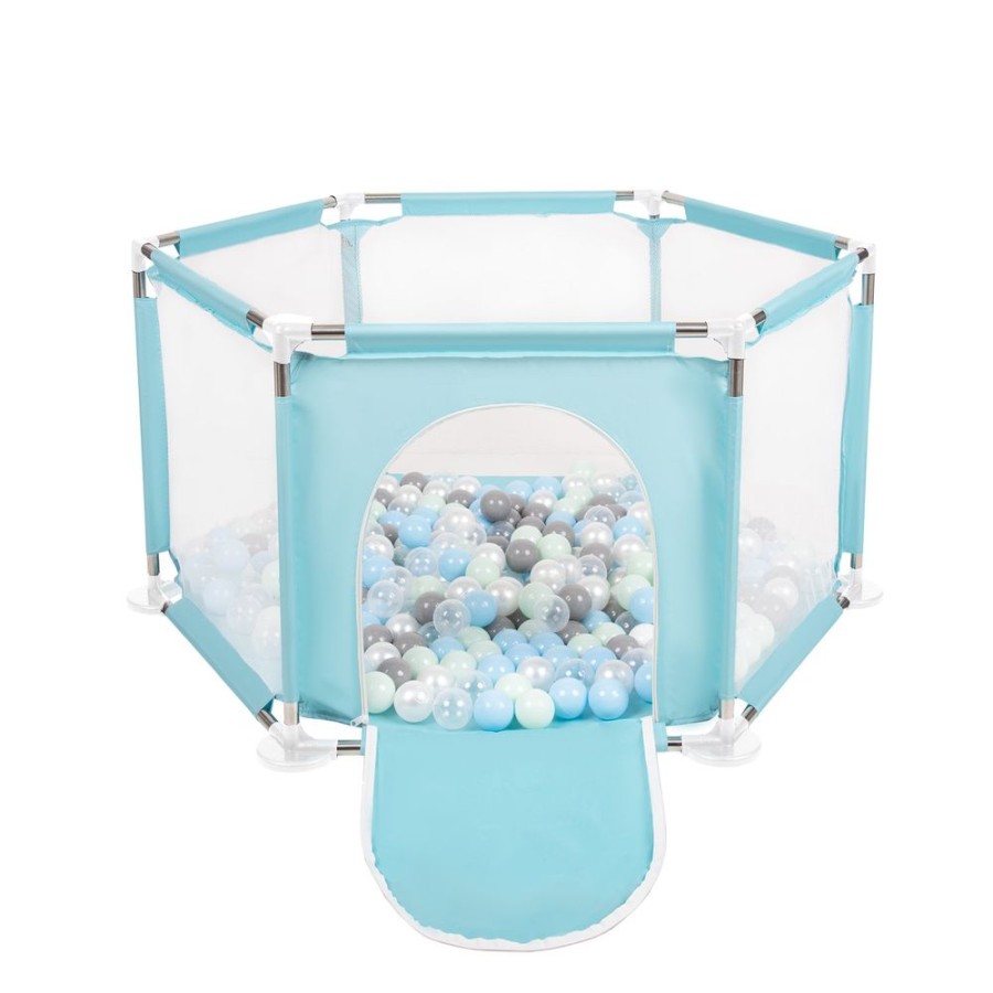 Partners KiddyMoon Partners | Hexagon 6 Side Play Pen With Plastic Balls, Mint: Pearl/ Grey/ Transparent/ Babyblue/ Mint Mint:Pearl/Grey/Transparent/Babyblue/Mint