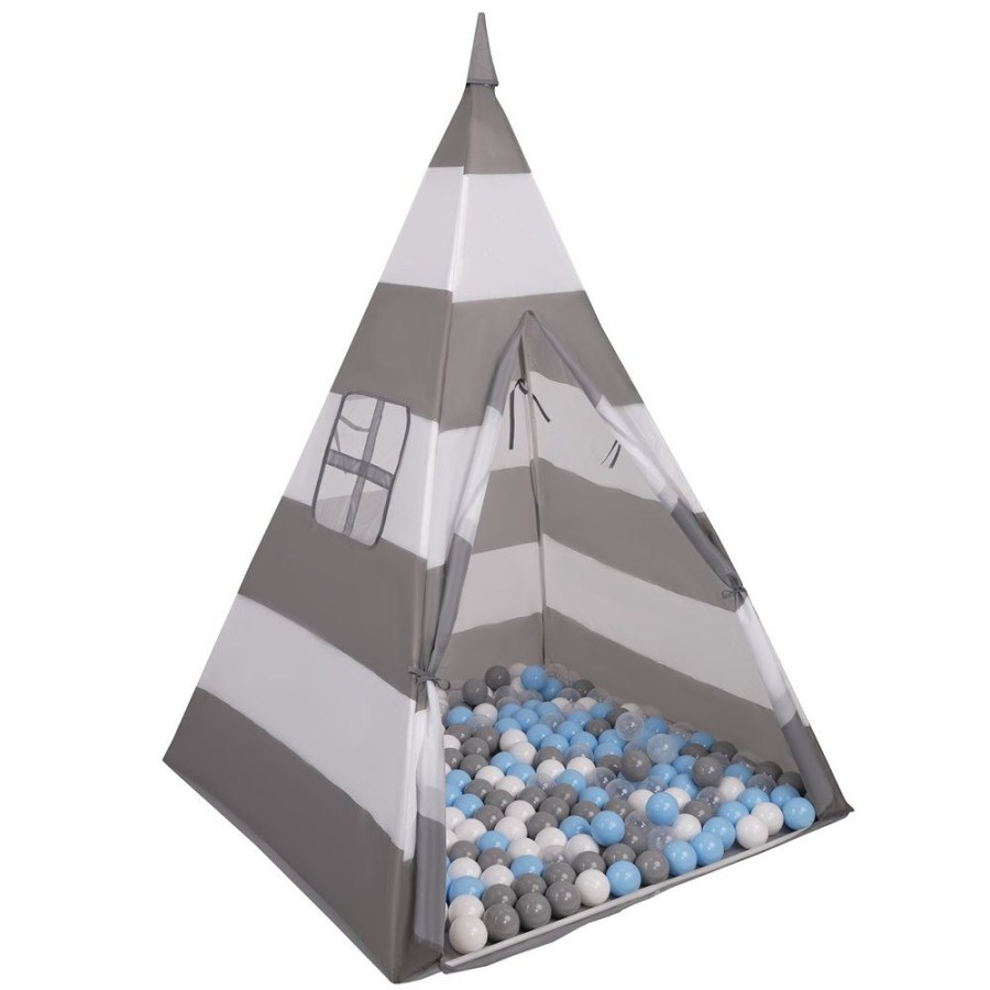 Partners KiddyMoon Partners | Teepee Tent For Kids Play House With Balls Indoor Outdoor Tipi, Grey-Whitestripes: Grey/ White/ Transparent/ Babyblue