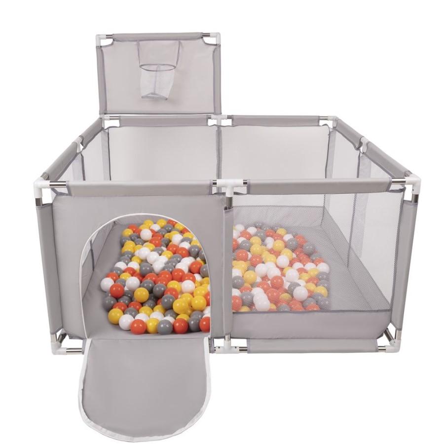 Partners KiddyMoon Partners | Square Play Pen Filled With Plastic Balls Basketball, Grey: Yellow/ White/ Grey/ Orange Grey:Yellow/White/Grey/Orange