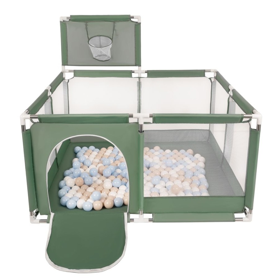 Partners KiddyMoon Partners | Square Play Pen Filled With Plastic Balls Basketball, Green: Pastel Beige/ Pastel Blue/ White