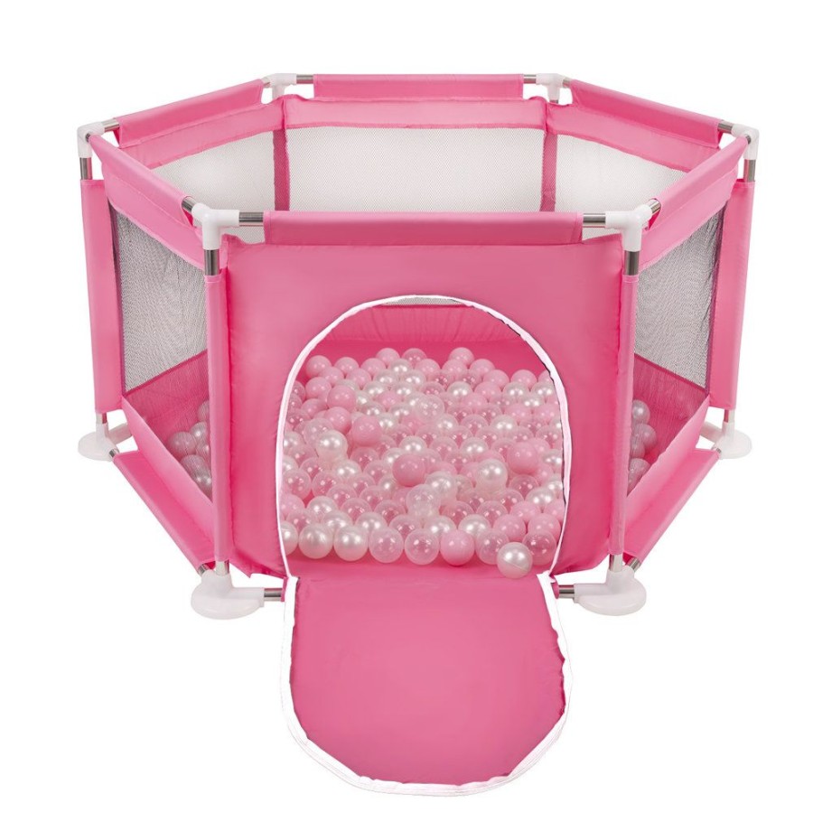 Partners KiddyMoon Partners | Hexagon 6 Side Play Pen With Plastic Balls, Pink: Powder Pink/ Pearl/ Transparent Pink: Light Pink / Pearl / Transparent