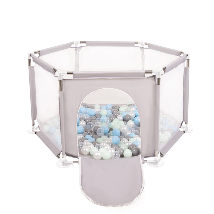 Partners KiddyMoon Partners | Hexagon 6 Side Play Pen With Plastic Balls, Grey: Pearl/ Grey/ Transparent/ Babyblue/ Mint Grey:Pearl/Grey/Transparent/Babyblue/Mint