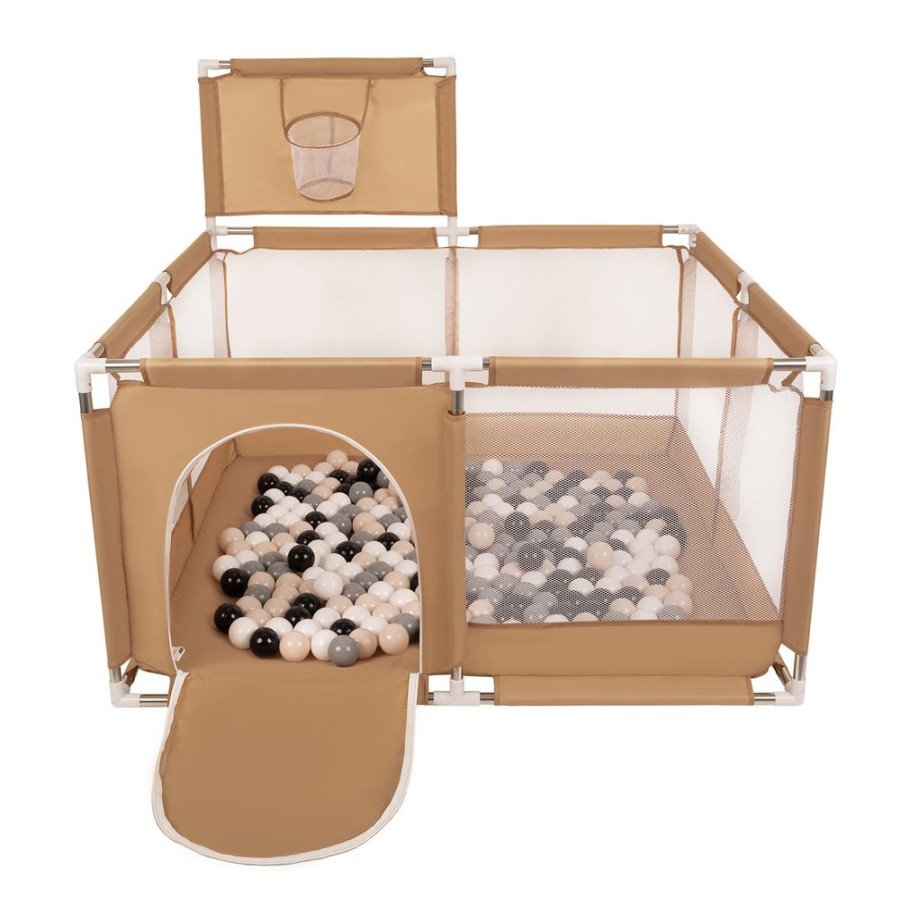 Partners KiddyMoon Partners | Square Play Pen Filled With Plastic Balls Basketball, Beige: Pastel Beige/ Grey/ White/ Black