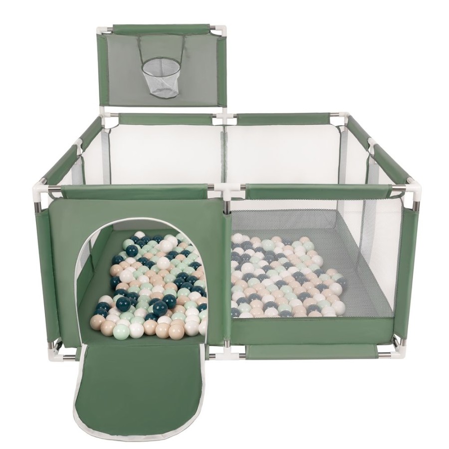 Partners KiddyMoon Partners | Square Play Pen Filled With Plastic Balls Basketball, Green: Dark Turquoise/ Pastel Beige/ White/ Mint