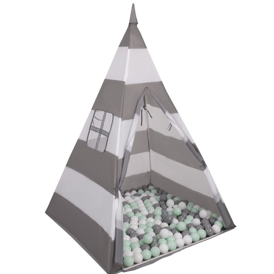 Partners KiddyMoon Partners | Teepee Tent For Kids Play House With Balls Indoor Outdoor Tipi, Grey And White Stripes: White/ Grey/ Mint