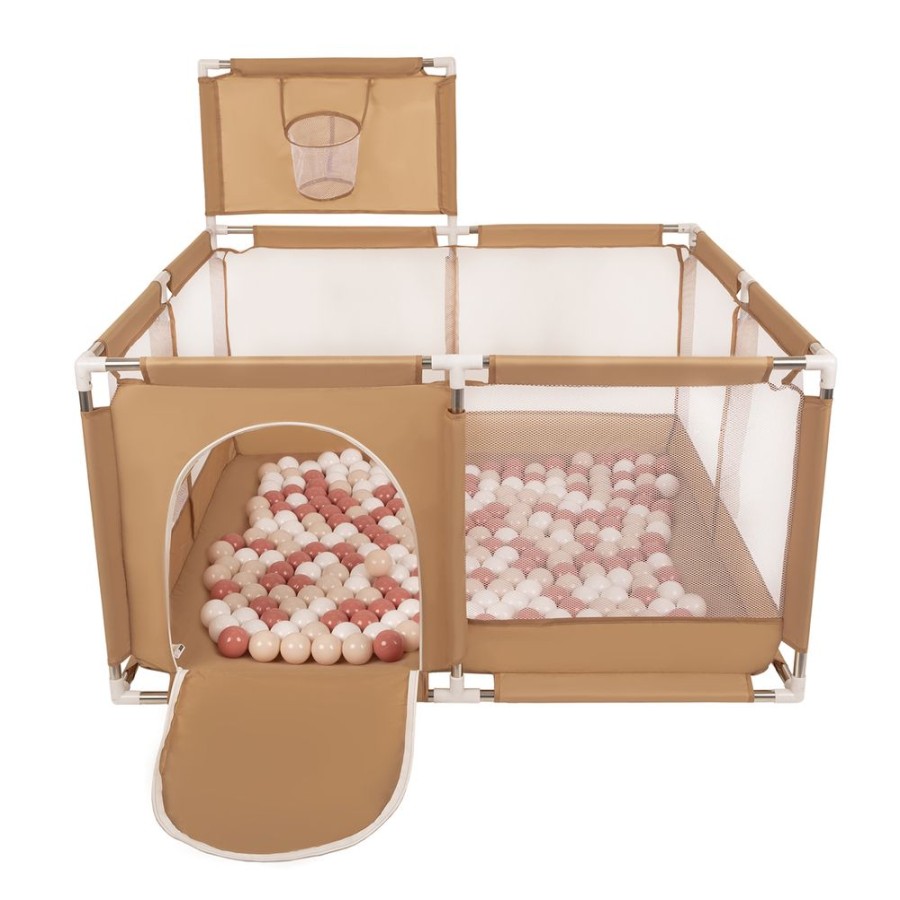 Partners KiddyMoon Partners | Square Play Pen Filled With Plastic Balls Basketball, Beige: Pastel Beige/ Salmon Pink/ White