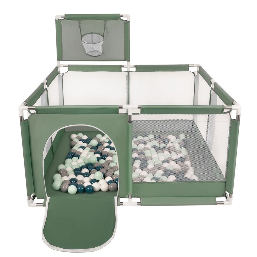 Partners KiddyMoon Partners | Square Play Pen Filled With Plastic Balls Basketball, Green: Dark Turquoise/ Grey/ White/ Mint