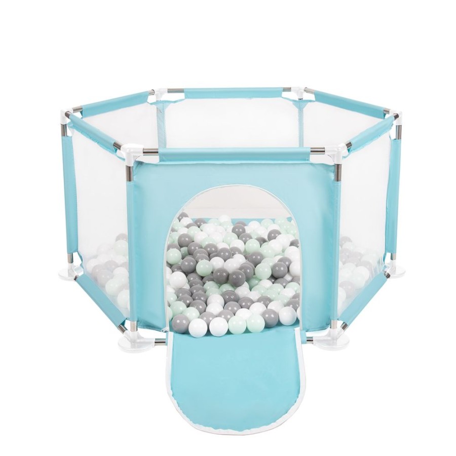 Partners KiddyMoon Partners | Hexagon 6 Side Play Pen With Plastic Balls, Mint: White/ Grey/ Mint Mint:White/Grey/Mint