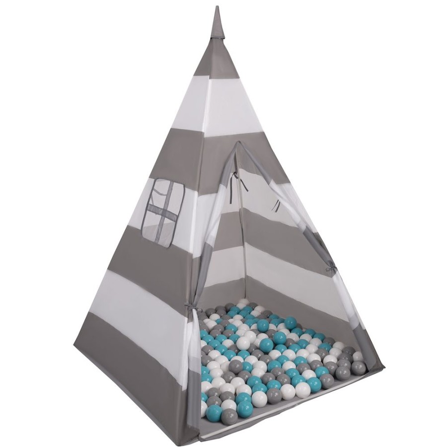 Partners KiddyMoon Partners | Teepee Tent For Kids Play House With Balls Indoor Outdoor Tipi, Grey-White Stripes: Grey/ White/ Turquoise